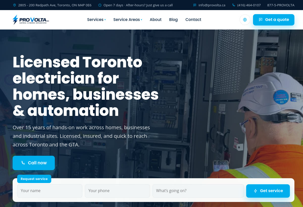 The homepage of provolta.ca, the website Sharplines built for Provolta Electric, a licensed Toronto electrician.
